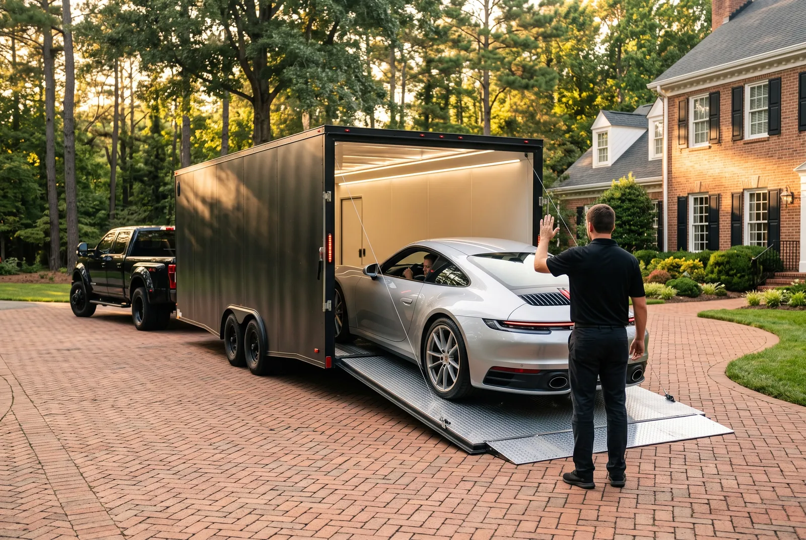 A silver Porsche 911 being loaded into HBI's enclosed trailer in a home driveway at golden hour
